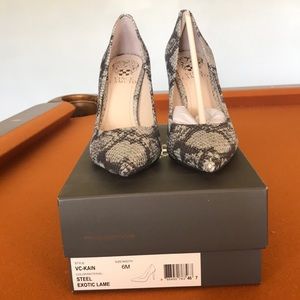 Vince Camuto exotic steel pointy toe pumps.